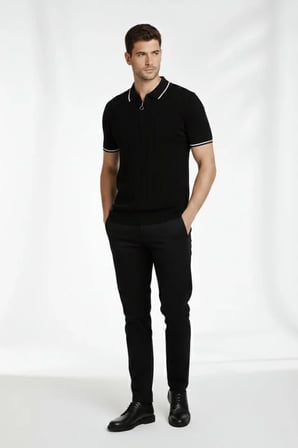 Erkek Fermuarlı Yaka Fitilli Triko Kısa Kollu Regular Fit Tişört T-shirt - Siyah - Siyah / S