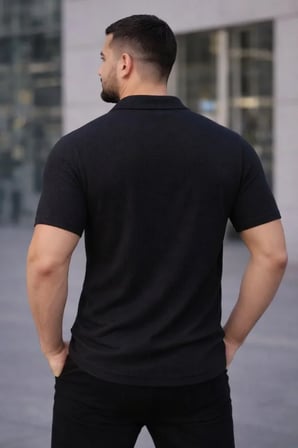 Erkek Waffle Kumaş Kısa Kollu Düğmeli Açık Yaka Regular Fit Gömlek - Siyah - Siyah / 2XL