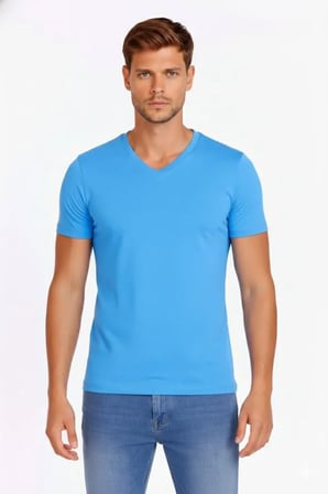 Erkek T-Shirt V Yaka Slim Fit Dar Kesim Likralı Tişört Günlük Basic Body - Açık Mavi - Açık Mavi / 2XL
