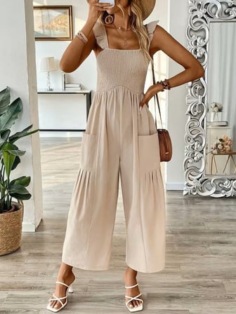 Kadın Askılı Gipe Detaylı Cepli Uzun Tulum - Bej / L-XL