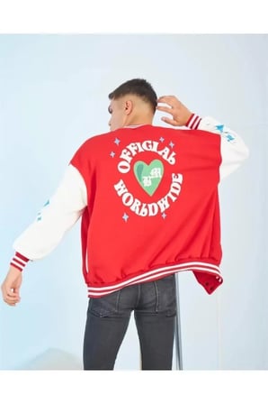 Erkek Kolları Yıldız Sırt Baskılı Oversize Kolej Ceket - Kırmızı - Kırmızı / XL