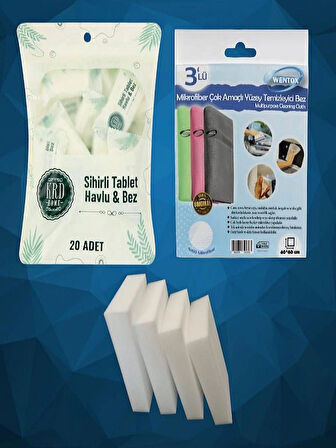 TEMİZLİK SETİ - WENTOX 3'LÜ BEZ - PRATİK 20'Lİ SİHİRLİ TABLET HAVLU BEZ - 4 ADET SİHİRLİ SÜNGER