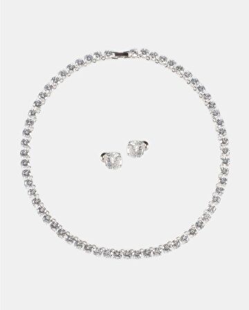 MKMODAATELIER Su Yolu İri Kristal Taşlı Işıltılı A Kalite Zirkon Kolye Seti