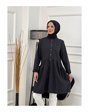 Doğal Kumaşlı Düğmeli Tunik- Koyu Mavi Siyah-295