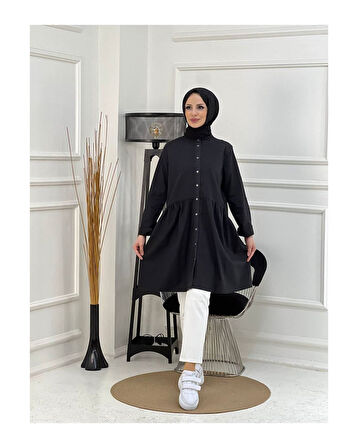 Doğal Kumaşlı Düğmeli Tunik- Koyu Mavi Siyah-295