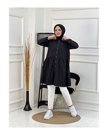 Doğal Kumaşlı Düğmeli Tunik- Koyu Mavi Siyah-295