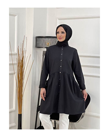 Doğal Kumaşlı Düğmeli Tunik- Koyu Mavi Siyah-295