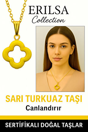 Sertifikalı Gold Yonca Model Sarı Turkuaz Taşı Kolye Neşe Verir