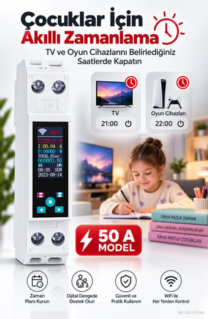 WiFi Akıllı Enerji Ölçer ve Akım Koruma Rölesi – Dijital Ekranlı, Uzaktan Kontrollü Aç/Kapa Şalteri, Anlık Güç Tüketim Takibi (Fonri, Tuya, Smart Life, Google Assistant, Amazon Alexa Destekli)