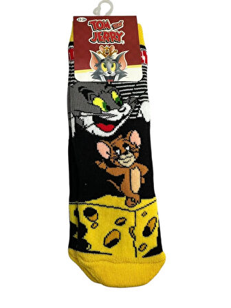 3'Lü TOM ve JERRY Figürlü Tabanı Kaydırmaz Çocuk Havlu Çorap