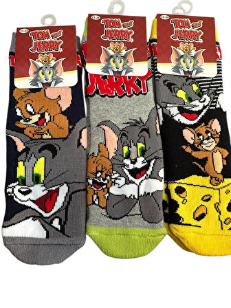 3'Lü TOM ve JERRY Figürlü Tabanı Kaydırmaz Çocuk Havlu Çorap