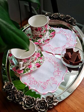 Gardenya Kumaş Nakışlı Leke Tutmaz Bardak altlığı 6'lı Set Pembe