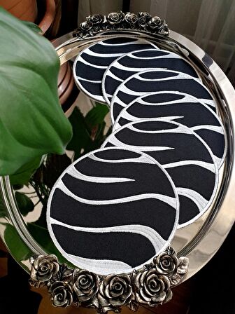 Zebra Desen Nakışlı Gardenya Keten Kumaş Kokteyl Peçetesi, Bardak Altlığı 6'lı Set