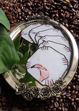 Flamingo Desen Nakışlı 6'lı Kokteyl Peçetesi, Bardak Altlığı
