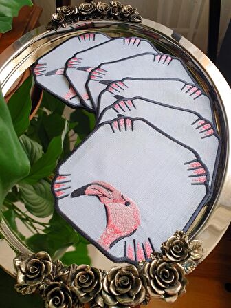 Flamingo Desen Nakışlı 6'lı Kokteyl Peçetesi, Bardak Altlığı