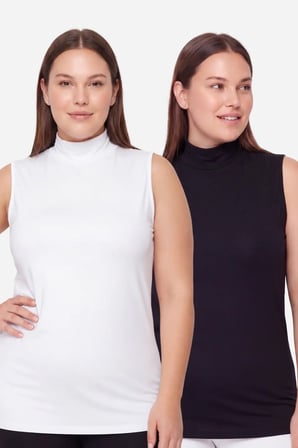 Pamuklu Üst Temel Giyim Kombin Parçası Kadın Büyük Beden Balıkçı Yaka Kolsuz Body Beyaz Siyah 2'li 8XL BEYAZ  SİYAH