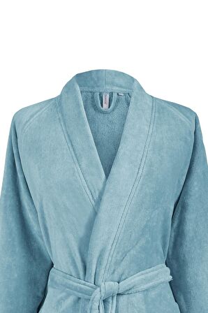 Kimono Bornoz Kadife Aqua %100 Pamuk Çift Nakışlı Dantelli