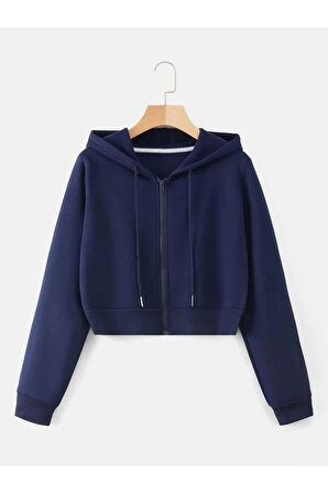 Kadın Lacivert Fitted Crop Kapşonlu Zip Fermuarlı Polar Hırka Sweatshirt