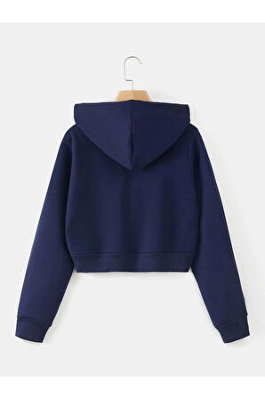 Kadın Lacivert Fitted Crop Kapşonlu Zip Fermuarlı Polar Hırka Sweatshirt