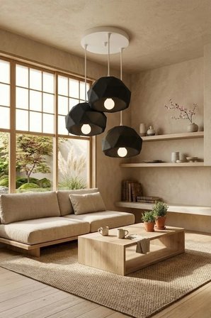 Siyah 3'lü Geometrik Avize Salon PLA Dayanıklı Dekoratif Sarkıt Aydınlatma Ayarlanabilir Kablo