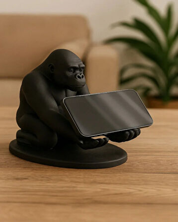 3D Siyah Goril Figürlü Dekoratif Telefon , Tablet Standı , Kalem Tutucu Heykel , Masaüstü Organizer