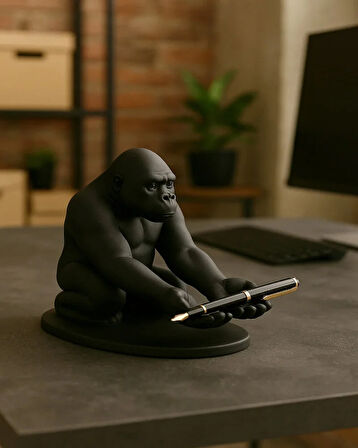 3D Siyah Goril Figürlü Dekoratif Telefon , Tablet Standı , Kalem Tutucu Heykel , Masaüstü Organizer