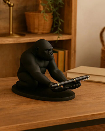 3D Siyah Goril Figürlü Dekoratif Telefon , Tablet Standı , Kalem Tutucu Heykel , Masaüstü Organizer