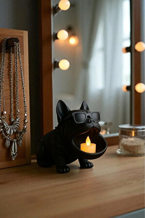 Bulldog Köpek Figürlü 3D Sunumluk Tealight Mumluk , Lokumluk , Takı Organizeri Çok Amaçlı 14 x 12 Cm