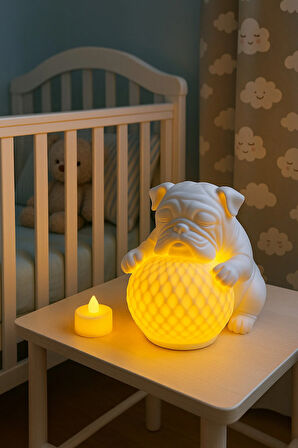 Bulldog Tasarımlı 3D Dekoratif Masa Lambası, Estetik Çocuk Odası Gece Lambası , Tealight 25 x 25 Cm