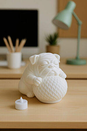 Bulldog Tasarımlı 3D Dekoratif Masa Lambası, Estetik Çocuk Odası Gece Lambası , Tealight 25 x 25 Cm