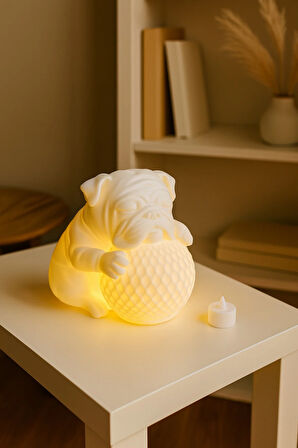 Bulldog Tasarımlı 3D Dekoratif Masa Lambası, Estetik Çocuk Odası Gece Lambası , Tealight 25 x 25 Cm