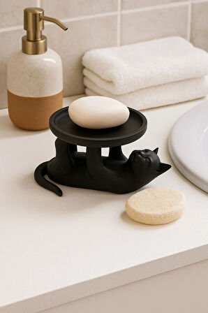 Siyah Kedi Figürlü Sunumluk Banyo Sabunluk , Kahvaltı Tabağı , Takı Organizeri , Mumluk 14 x 14 Cm
