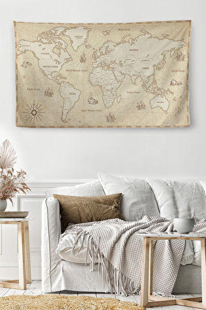 Duvar Örtüsü / Halısı Vintage Kanvas Kumaş Dünya Haritası-3956