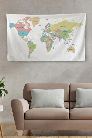 Duvar Örtüsü / Halısı Kanvas Kumaş Pastel Dünya Haritası  -3957