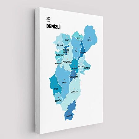 Denizli  İli ve İlçeler Haritası  Dekoratif Kanvas Tablo 1320
