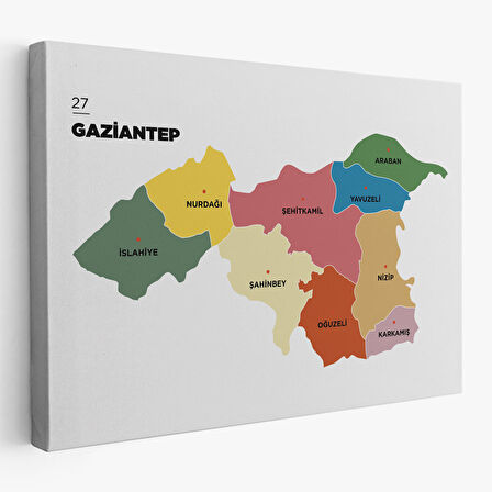 Gaziantep  İli ve İlçeler Haritası  Dekoratif Kanvas Tablo 1343