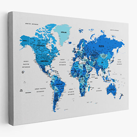 Türkçe Dünya Haritası Dekoratif Kanvas Tablo Son Derece Detaylı 1608