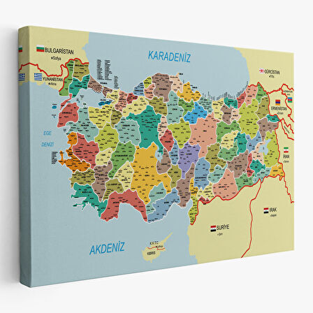 Türkiye Haritası Kanvas Tablo İl ve İlçeli Ayrıntılı Eğitici  Komşulu Tablo 3006