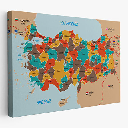 Türkiye Haritası Kanvas Tablo Sınır Komşulu Eğitici Dekoratif Tablo 3094