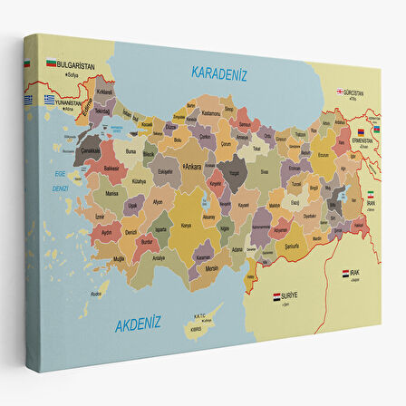 Türkiye Haritası Kanvas Tablo Sınır Komşulu Eğitici Dekoratif Tablo 3098