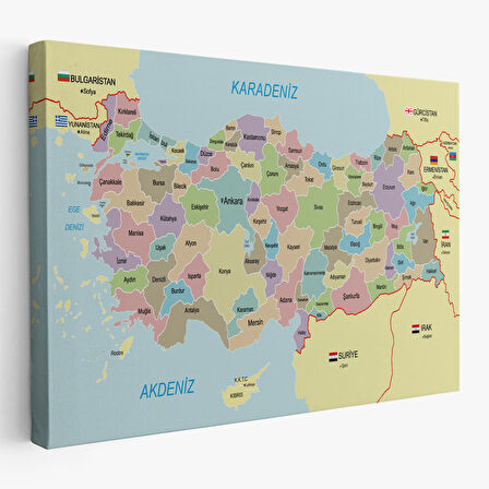 Türkiye Haritası Kanvas Tablo Sınır Komşulu Eğitici Dekoratif Tablo 3100