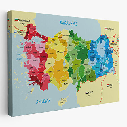 Türkiye Haritası Kanvas Tablo Sınır Komşulu Eğitici Dekoratif Tablo 3105