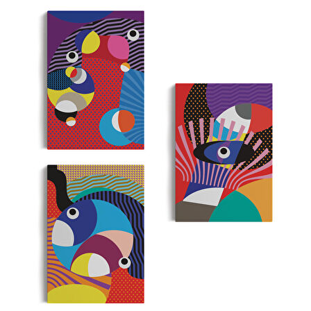 Renkli Geometrik Desenli Pop Art 3 lü Kanvas Duvar Tablo Seti-AO-14