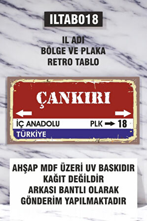 1 Parça (10x20) Uv Baskı Mdf 18 Çankırı İl Plaka Retro Tablo Poster - ILTAB10X20-018