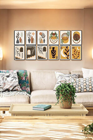 12 Parça Çerçeve Görünümlü Oturma Odası, Salon, Ofis Için Vazo Yaprak Boho Tablo Seti - Set-485