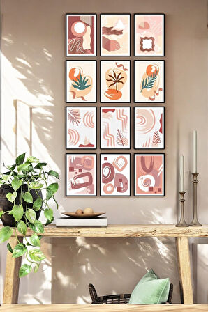 12 Parça Çerçeve Görünümlü Oturma Odası, Salon, Ofis Için Pastel Renkler Boho Tablo Seti - Set-484