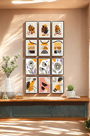 12 Parça Çerçeve Görünümlü Oturma Odası, Salon, Ofis Için Boho Tablo Seti - Set-482