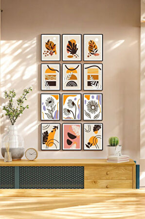 12 Parça Çerçeve Görünümlü Oturma Odası, Salon, Ofis Için Boho Tablo Seti - Set-482