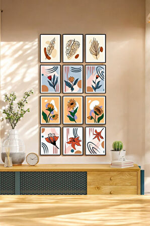 12 Parça Çerçeve Görünümlü Oturma Odası, Salon, Ofis Için Boho Tablo Seti - Set-481