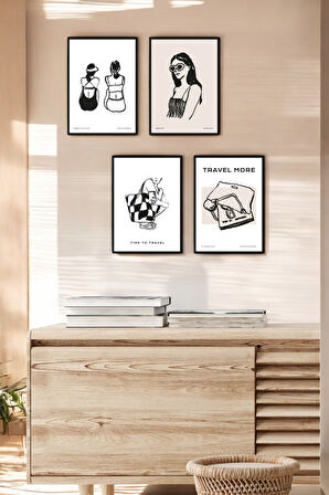 4 Parça (15x20) Uv Baskı Mdf Kadın Travel More Çanta Boho Tarz Tablo Poster Seti - Set-464